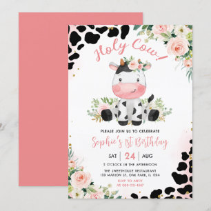 Holy Cow Pink Floral 1st Birthday Party Invitation