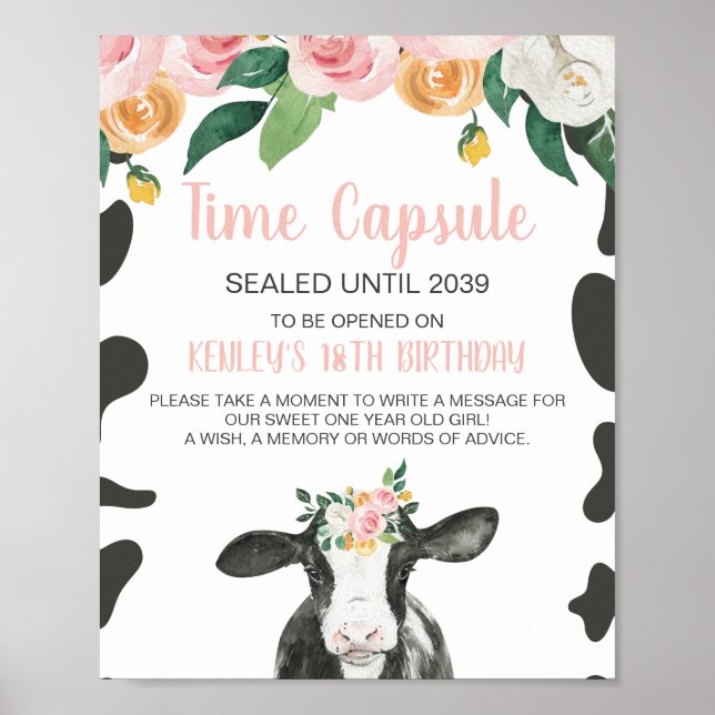 Holy Cow Pink Floral 1st Birthday Time Capsule Pos Poster (Front)