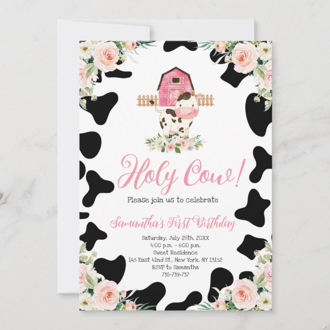 Holy Cow Pink Floral First Birthday Party Invitation (Front)