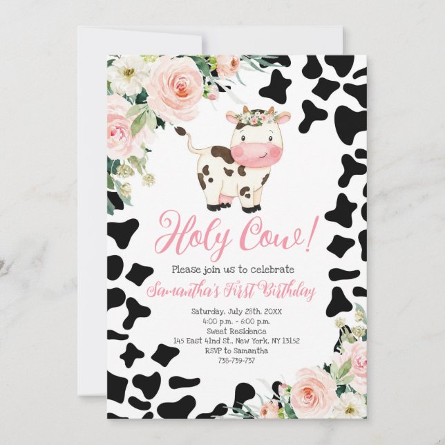 Holy Cow Pink Floral First Birthday Party  Invitation (Front)