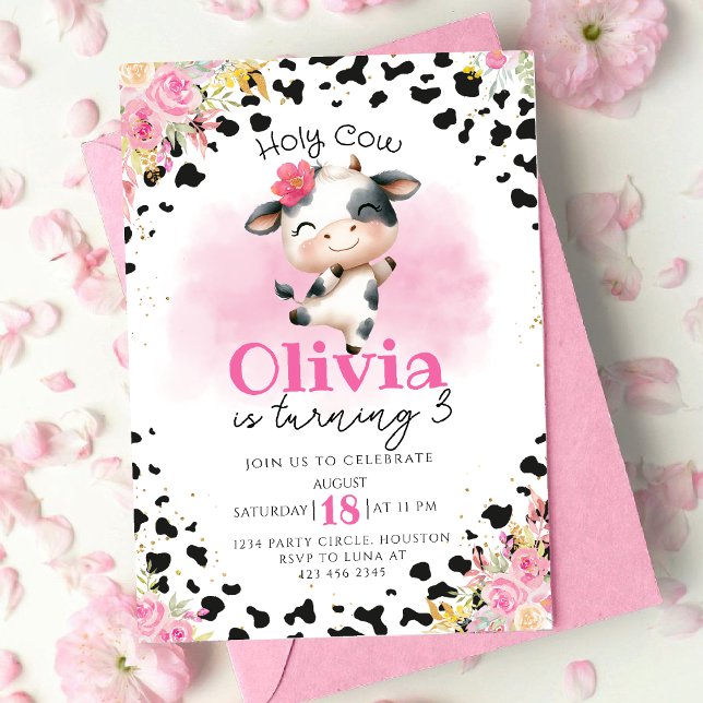 Holy Cow Pink Floral Girl Birthday Invitation (Creator Uploaded)