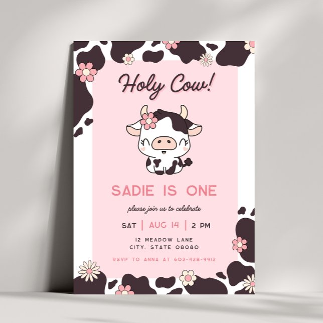 Holy Cow Pink Girl Floral Birthday Invitation (Creator Uploaded)