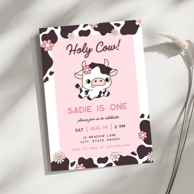 Holy Cow Pink Girl Floral Birthday Invitation (Creator Uploaded)