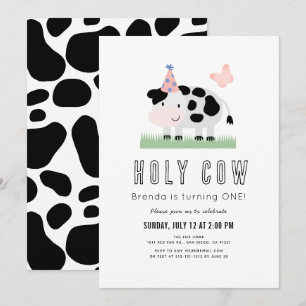 Holy Cow Pink Party Hat Butterfly 1st Birthday Invitation