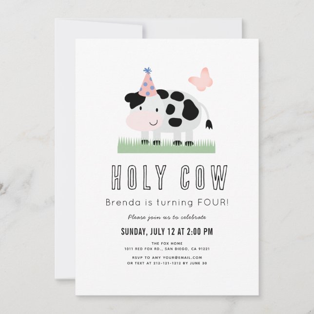 Holy Cow Pink Party Hat Butterfly Girl Birthday Invitation (Front)