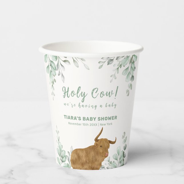 Holy Cow Rustic Boho Greenery Baby Shower  Paper Cups (Front)