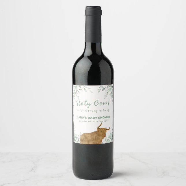Holy Cow Rustic Boho Greenery Baby Shower  Wine Label (Front)