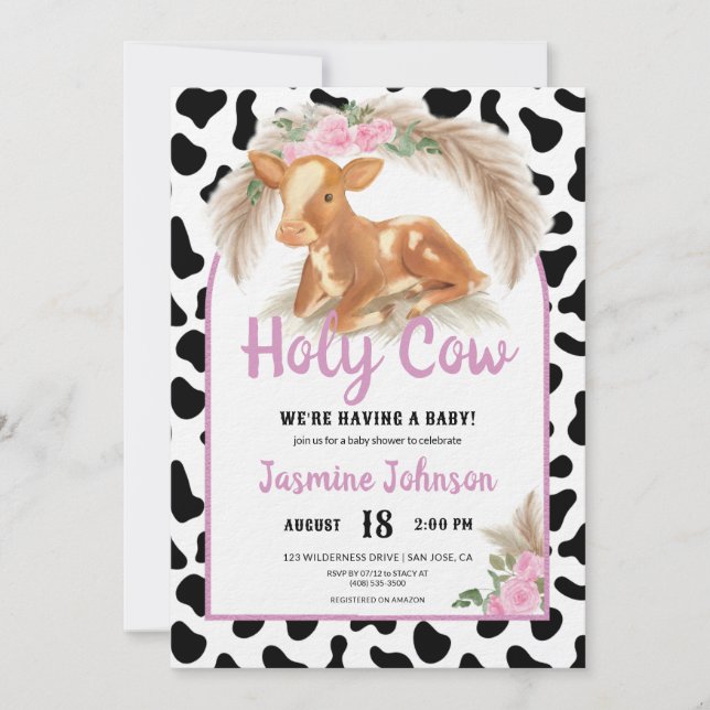 Holy Cow Rustic Western Floral Pampas Baby Shower Invitation (Front)