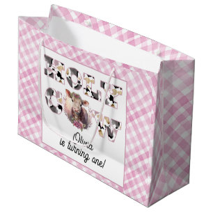 Holy Cow Turning One Pink Plaid Watercolor Large Gift Bag