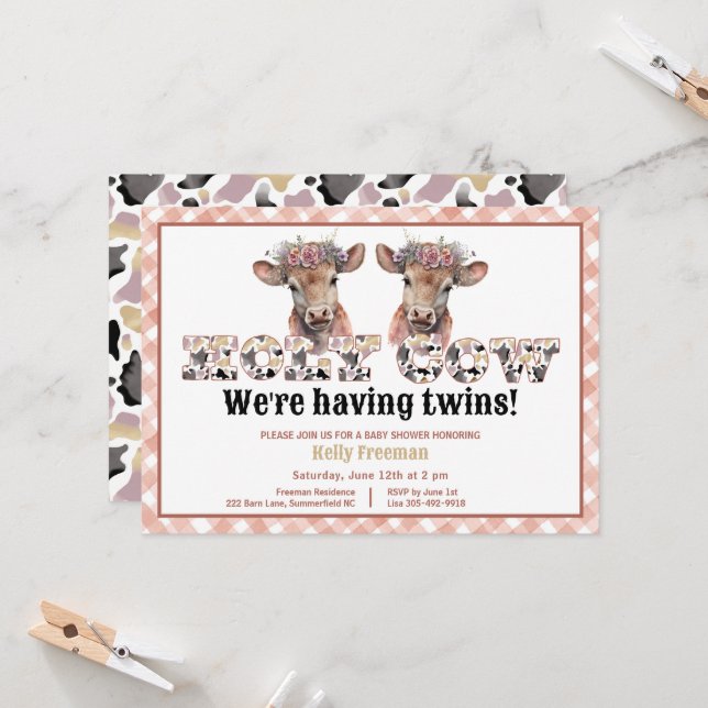 Holy Cow Twins Baby Shower Cowgirl Invite (Front/Back In Situ)