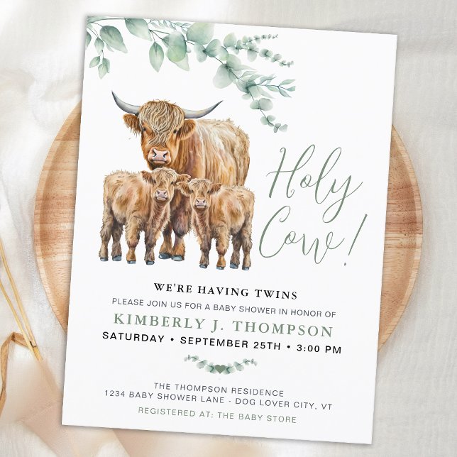 Holy Cow Twins Highland Calf Greenery Baby Shower Postcard (Creator Uploaded)