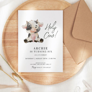 Holy Cow Watercolor Illustration Birthday Party Invitation