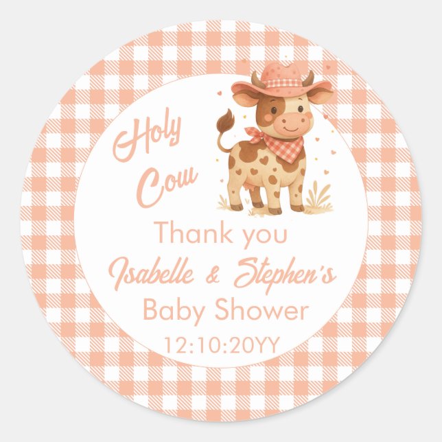Holy Cow We're Having A Baby Peach Plaid Thank You Classic Round Sticker (Front)