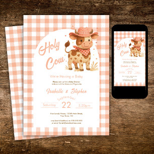 Holy Cow We're Having a Baby Rustic Peach Plaid  Invitation