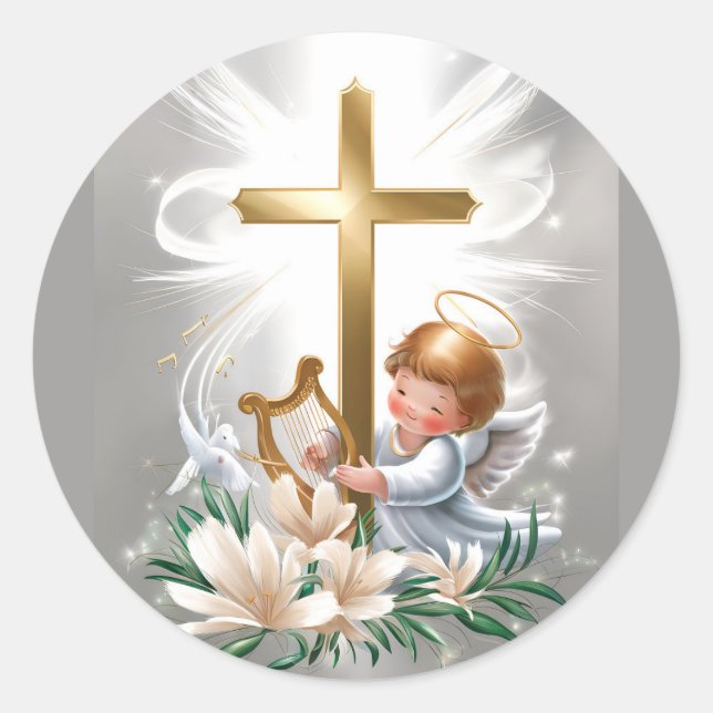 Holy Cross and Cupid Christian Classic Round Sticker (Front)