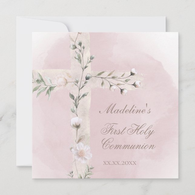 Holy Cross on dusty pink First Holy Communion Invitation (Front)