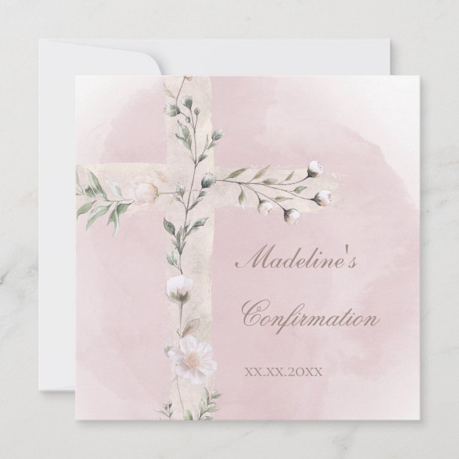 Holy Cross on dusty pink watercolor Confirmation Invitation (Front)