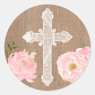 Holy Cross sticker, white Cross with pink flowers Classic Round Sticker