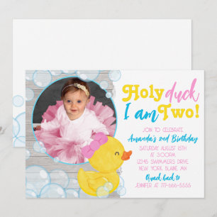 Holy Duck I'm Two Girl Ducky Photo Birthday Invitation