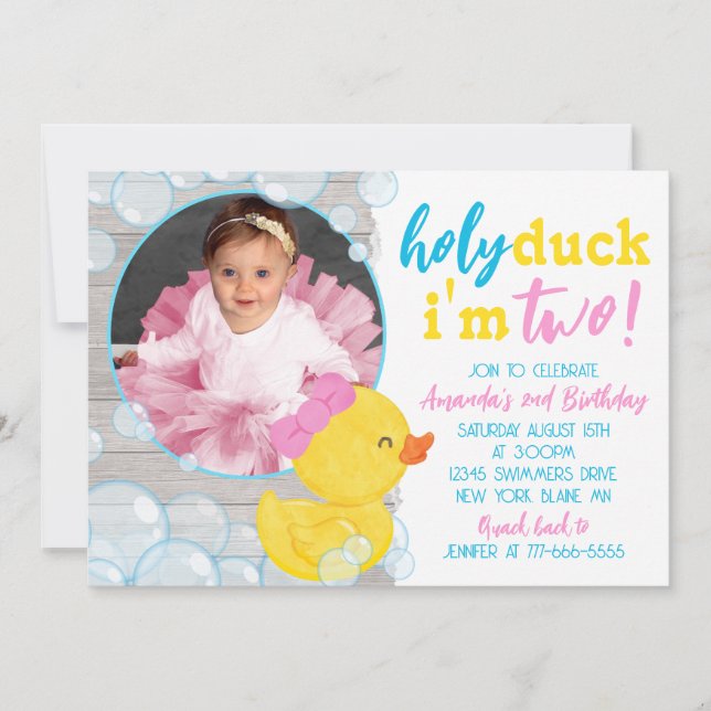 Holy Duck I'm Two Rubber Duck Photo Birthday Invitation (Front)
