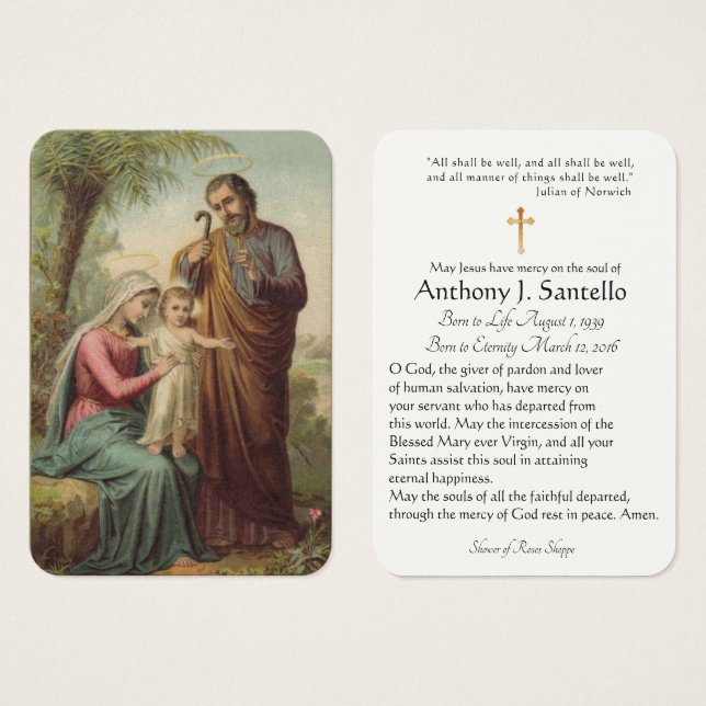 Holy Family Catholic Funeral Memorial Holy Card - (Front & Back)