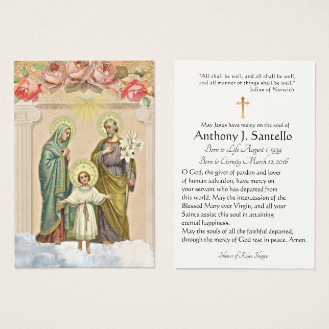 Holy Family Catholic Funeral Memorial Holy Card - (Front & Back)