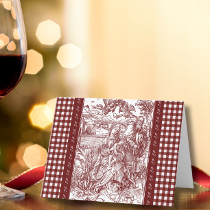 Holy Family in Burgundy Toile Gingham Christmas Thank You Card
