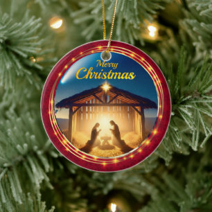 Holy Family Manger Nativity Scene Merry Christmas Ceramic Tree Decoration
