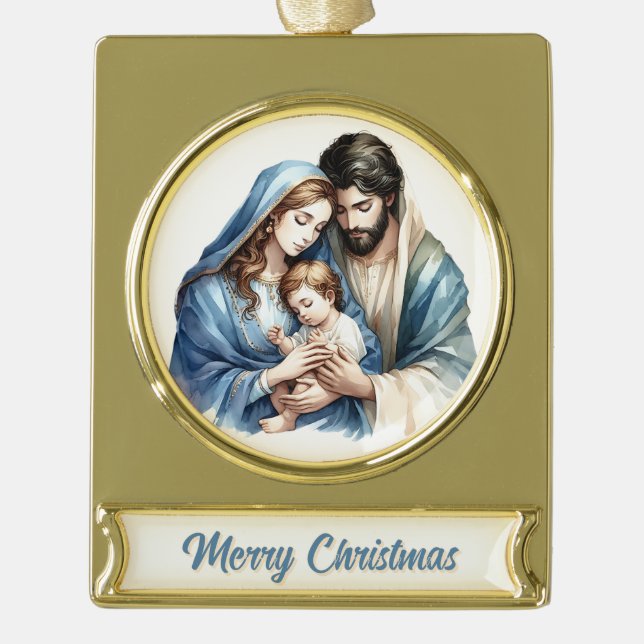 Holy Family Nativity  Gold Plated Banner Ornament (Front)