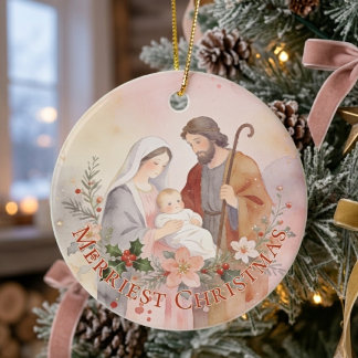 Holy Family Pink Pastel Watercolor Christmas TMF26 Ceramic Tree Decoration