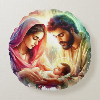 Holy Family Radiance: A Nativity Blessing Round Cushion