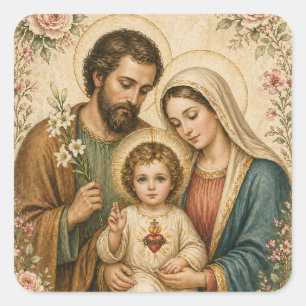 Holy Family Sacred Heart Child Jesus Floral Square Sticker