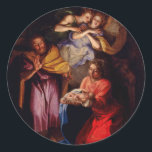 Holy Family with Angels by Coypel Classic Round Sticker<br><div class="desc">Vintage Nativity scene by the French artist Noel Coypel.  Painting depicts the Holy Family with two angels above them.</div>