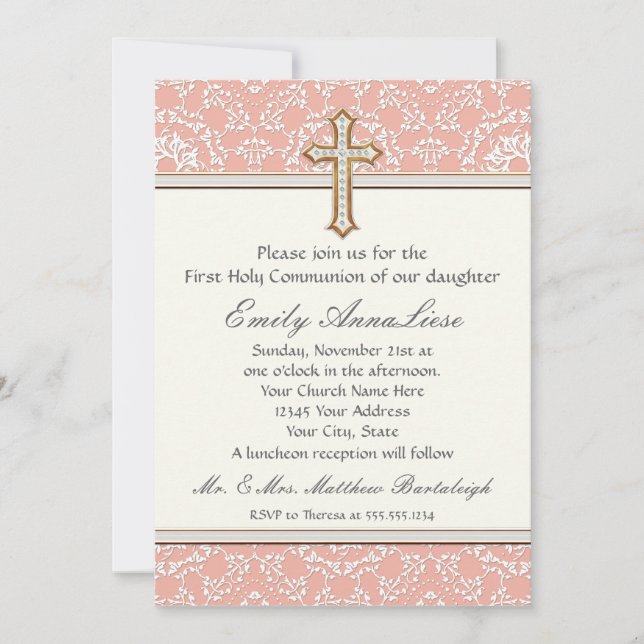 Holy First Communion Gold Golden Cross Lace Girl Invitation (Front)