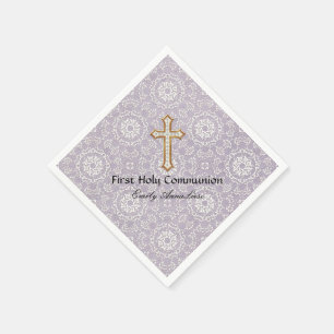 Holy First Communion Gold Golden Cross Lace Girl Napkin