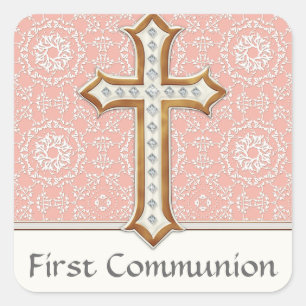 Holy First Communion Gold Golden Cross Lace Girl Square Sticker