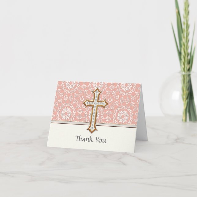 Holy First Communion Gold Golden Cross Lace Girl Thank You Card (Front)