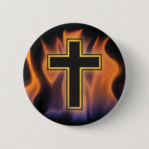 HOLY FLAMING FIRE CROSS! CHRISTIAN SPIRITUAL POWER 6 CM ROUND BADGE