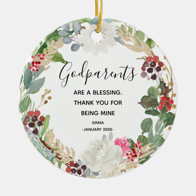 Holy flower Personalised Godparents Christmas Ceramic Tree Decoration (Front)