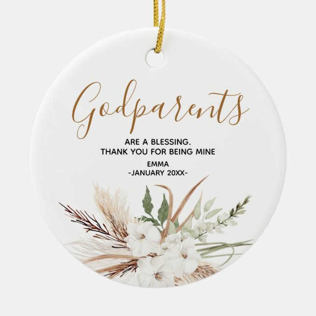Holy flower Personalised Godparents Christmas Ceramic Tree Decoration (Front)