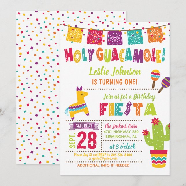 Holy Guacamole Birthday Fiesta Invitation - Kid W (Front/Back)