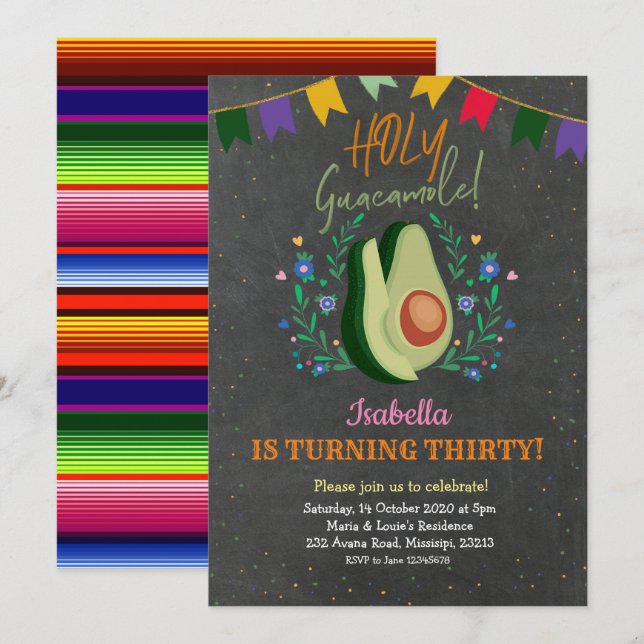 Holy Guacamole Chalkboard Mexican Birthday Invitation (Front/Back)
