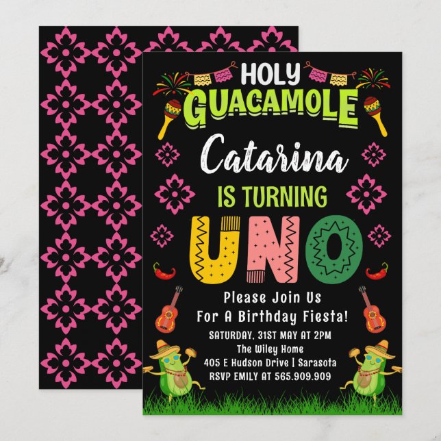 Holy Guacamole Fiesta avocado 1st Birthday Uno Invitation (Front/Back)