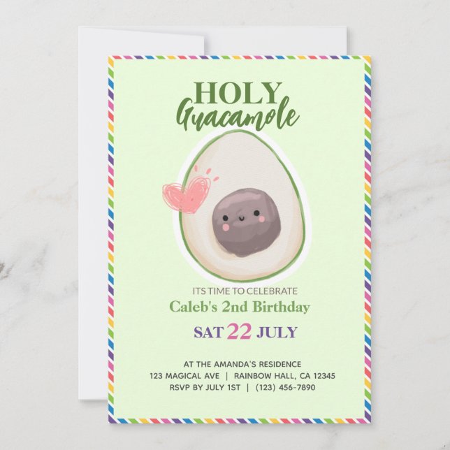 Holy Guacamole Fiesta Avocado Kiwaii Birthday Invitation (Front)