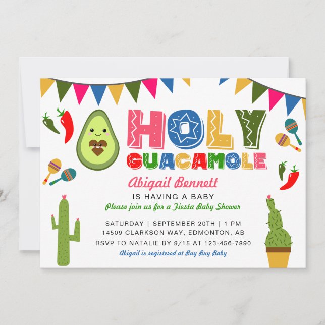 Holy Guacamole Fiesta Baby Shower Kawaii Avocado Invitation (Front)