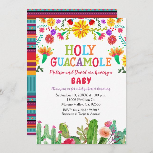 Holy Guacamole Fiesta Baby Shower with cactus Invitation (Front/Back)