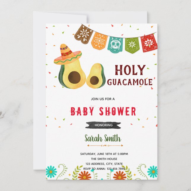 Holy Guacamole fiesta shower birthday invitation (Front)