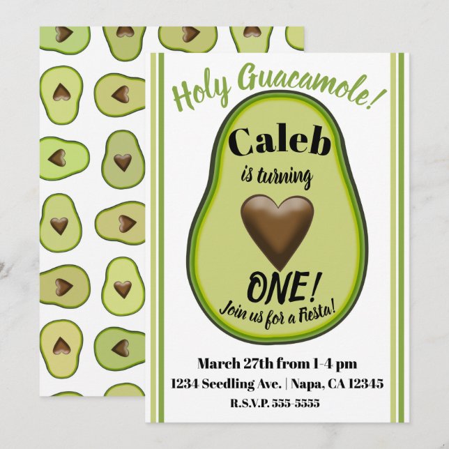 Holy Guacamole Heart Avocado 1st Birthday Party Invitation (Front/Back)