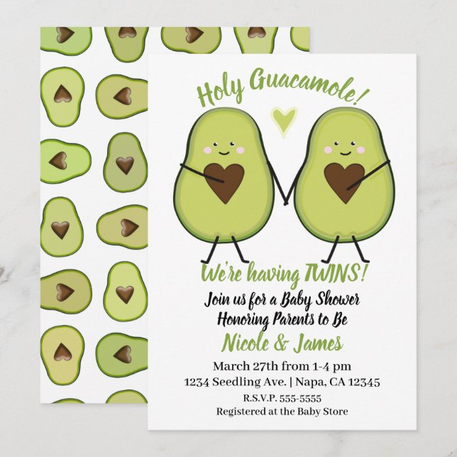 Holy Guacamole Heart Avocado Baby Shower Twins Invitation (Front/Back)