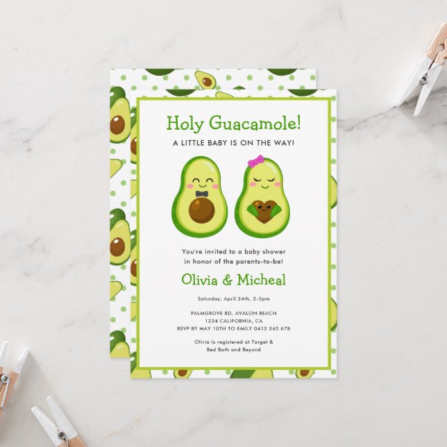 Holy Guacamole Kawaii Avocado Baby Shower Invitation (Front/Back In Situ)